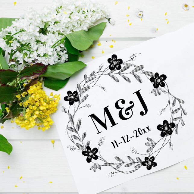 Söt Flowers Monogram och Date Personligt bröllp Stämpel (Skapare uppladdad)