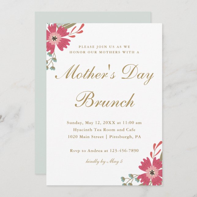 Söt Flowers och Mint Grönt Mors dag Brunch Inbjudningar (Fram/baksida)