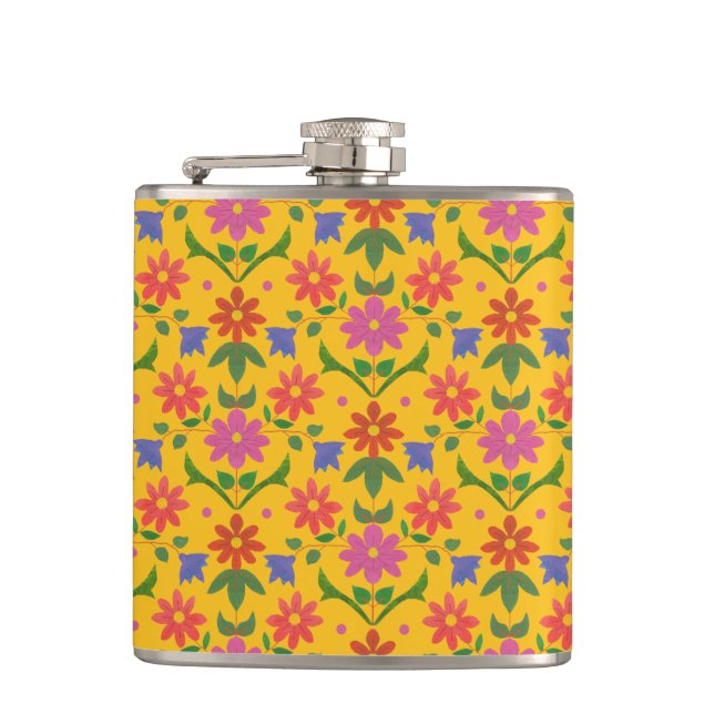 Söt Flowers och Polka dots på Gult Hip Flask Fickplunta (Framsidan)