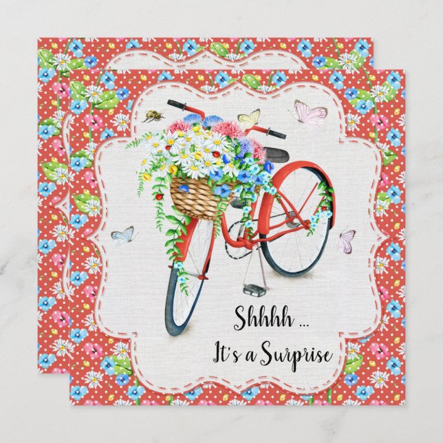 Söt Flowers & Red Bike Surprise Födelsedagsfest Inbjudningar (Fram/baksida)