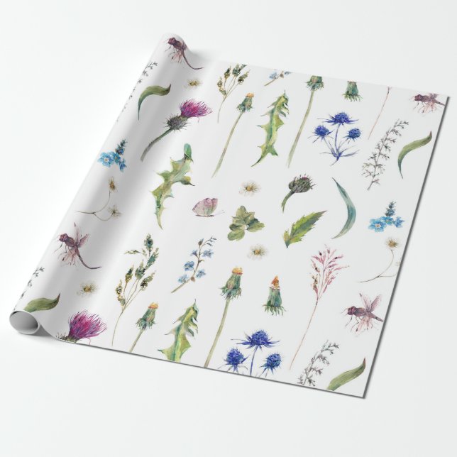 Söt Flowers Thistle Dragonfly Design Presentpapper (Utrullad)