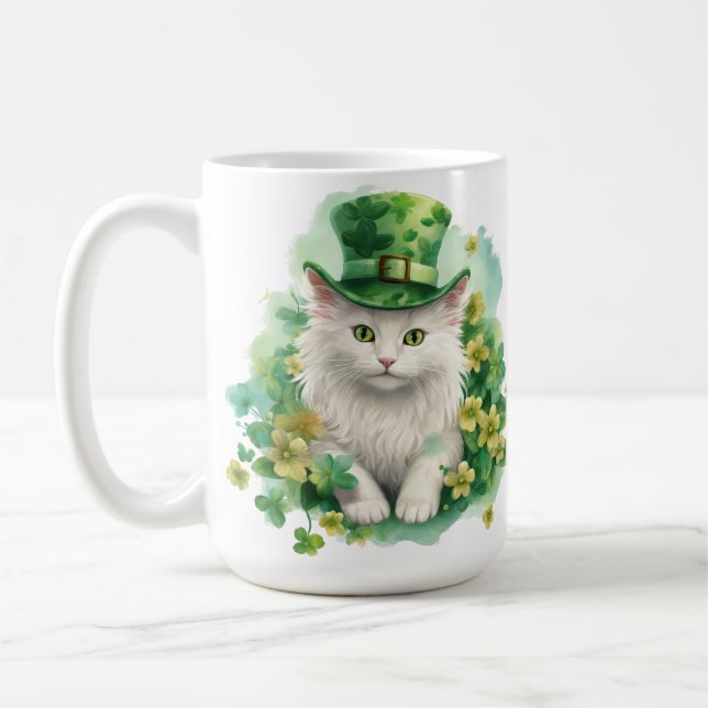 SÖT FLUFFIG KATT KLÄDD FÖR ST PATRICK'S DAG KAFFEMUGG (Vänster)