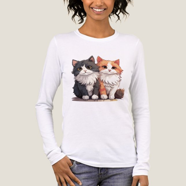 Söt Fluffig Kattduo T-Shirt | Bedårande Tecknad Ka (Framsida)