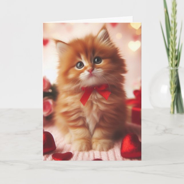 Söt Fluffig Orange Alla Hjärtans Dag Kattunge Kort (Framsida)