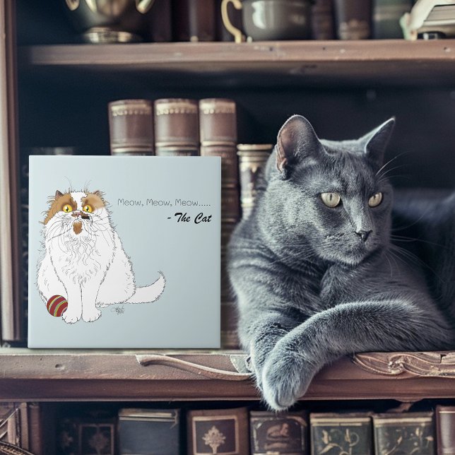Söt fluffig perserkatta rolig meow blå kakelplatta (Skapare uppladdad)