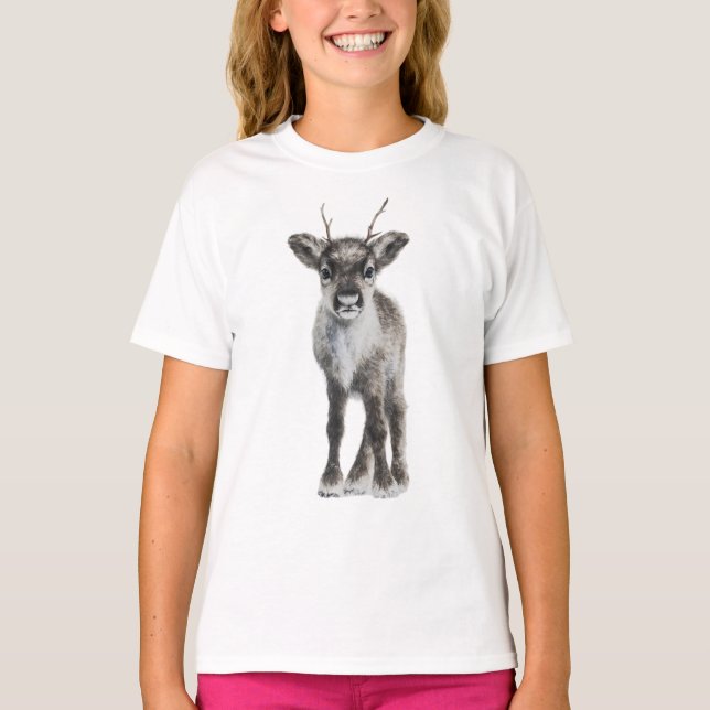 Söt Fluffig Renkalv Illustration Barn T Shirt (Framsida)