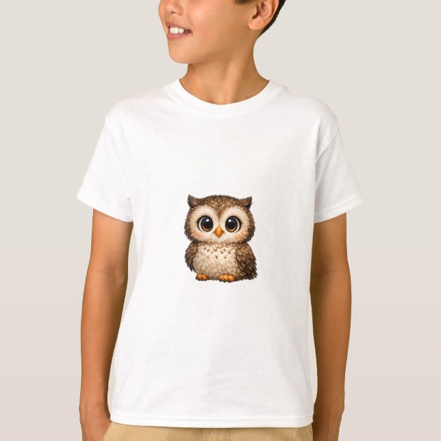 Söt Fluffig Uggla Stora Ögon Tecknad Digital Konst T Shirt (Framsida)