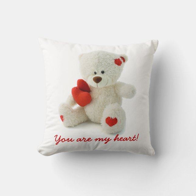 Söt, fluffig, vit teddybjörn med hjärta kudde (Framsida)