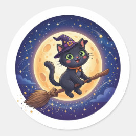 Söt flygande häxa svart katt måne Halloween dekal Runt Klistermärke