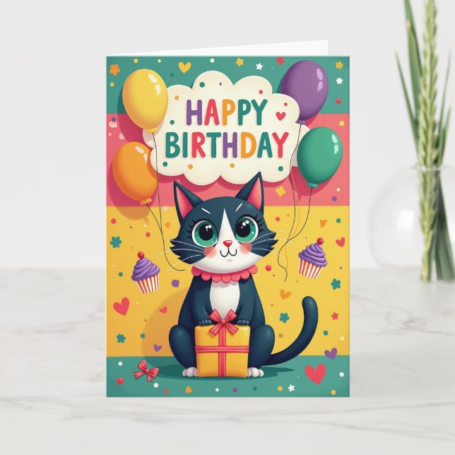 Söt födelsedag katt presentkort kort (Framsida)