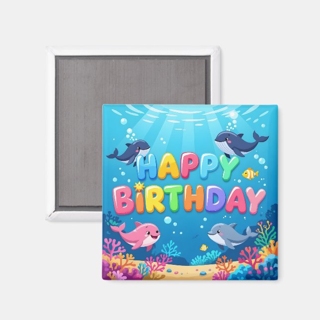 Söt födelsedags-hajfisk med delfin magnet (Front/Back)