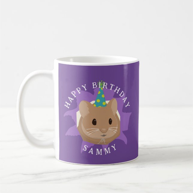 Söt födelsedags-hamster som tittar genom hål kaffemugg (Vänster)
