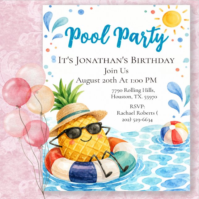 Söt födelsedags-poolfest för barn med ananas-tema inbjudningar (Skapare uppladdad)