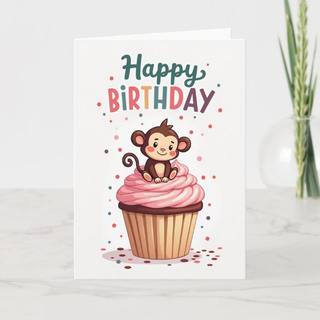 Söt födelsedagsapa Cupcake-kort Kort (Framsida)