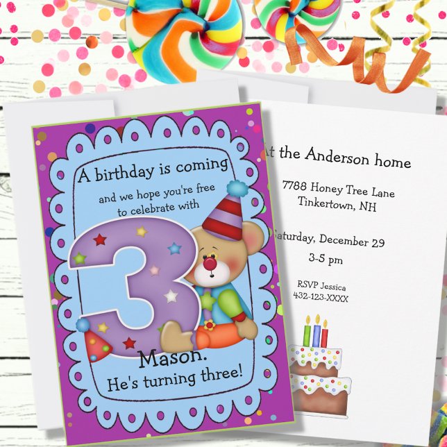 Söt födelsedagsbjörn inbjudan ålder 3 (Skapare uppladdad)
