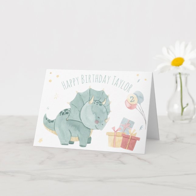 Söt födelsedagsdag vattenfärg dinosaurie två år kort (Liten växt)