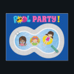 Söt födelsedagsfest för simmande flickor - poolpar vykort<br><div class="desc">Fantastiska poolparty-inbjudningar för flickors födelsedagar på sommaren. Har en ljus och rolig färgexplosion mot en marinblå bakgrund. Bedårande simmande barn umgås i en snygg oval pool med hopptorn.</div>