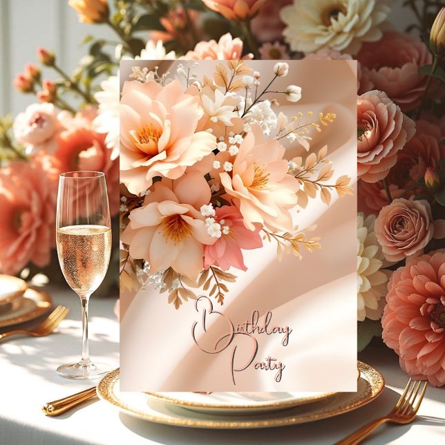 Söt Födelsedagsfest Silke Peach Rosa Blommigt Inbjudningar (Skapare uppladdad)