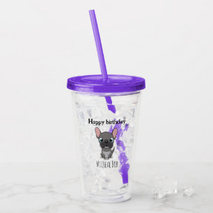 Söt födelsedagsgrå mops hund lila take away mugg