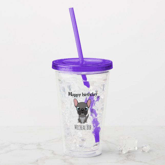 Söt födelsedagsgrå mops hund lila take away mugg (Framsida Ice)