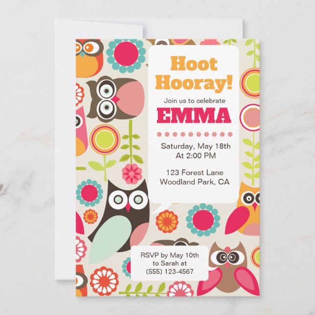 Söt Födelsedagsinbjudan för Ugglor Hoot Hooray Föd Inbjudningar (Framsida)