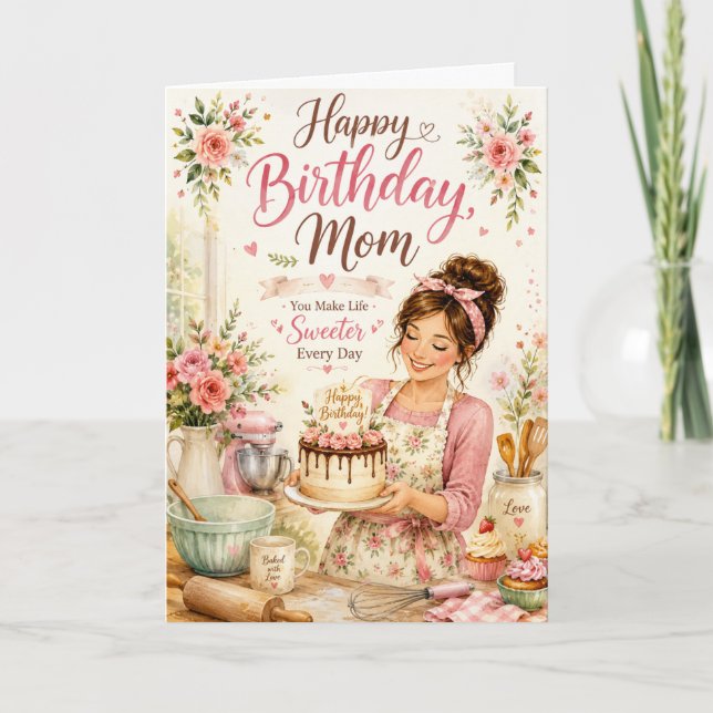 Söt födelsedagskort för mamma med blomsterkit för  kort (Framsida)