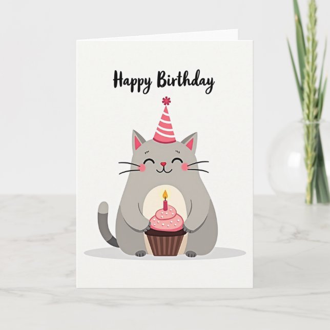 Söt födelsedagskort med katt och cupcake kort (Framsida)