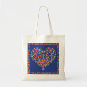 Söt Folk Art Blommigt Heart, Royal Blue Tote Bag Tygkasse