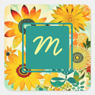 Söt Folk Art Flowers Monogrammed Fyrkantigt Klistermärke
