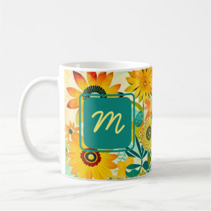 Söt Folk Art Flowers Monogrammed Kaffemugg