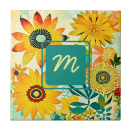 Söt Folk Art Flowers Monogrammed Kakelplatta