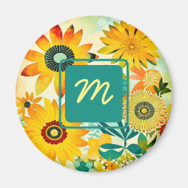 Söt Folk Art Flowers Monogrammed Magnet