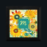 Söt Folk Art Flowers Monogrammed Minnesask<br><div class="desc">Gult och turkos smyckeskrin av vita konstblommor. Lägg till initialer i personligen.</div>