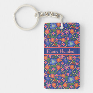 Söt Folk Art Stil Blommigt, Blue Oblong Keychain