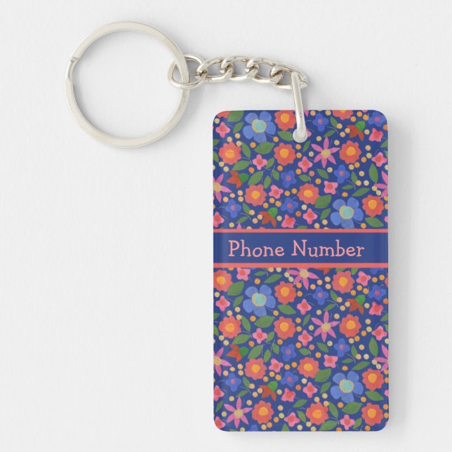 Söt Folk Art Stil Blommigt, Blue Oblong Keychain (Framsidan)