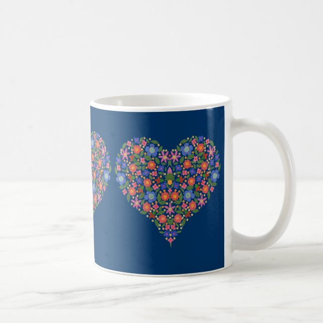 Söt Folk Art Stil Blommigt Heart på Blue Mugg (Höger)