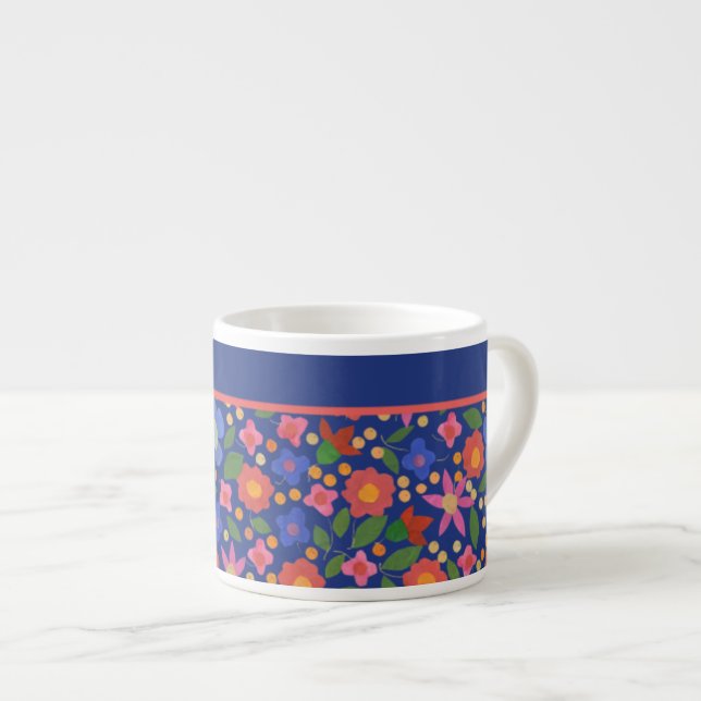 Söt Folk Art Stil Blommigt om Blue Espresso Mugg Espressomugg (Framsida höger)