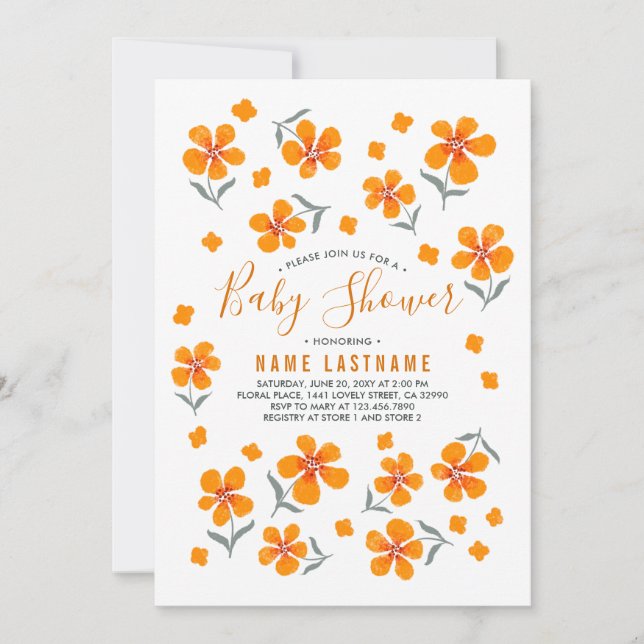 Söt folk orange blommor White Girl Baby Shower Inbjudningar (Framsida)