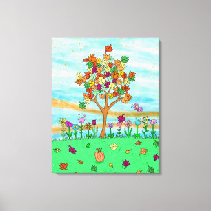 Söt FolkArt Whimsical Autumn Träd Höst löv Canvastryck