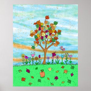 Söt FolkArt Whimsical Autumn Träd Höst löv Poster