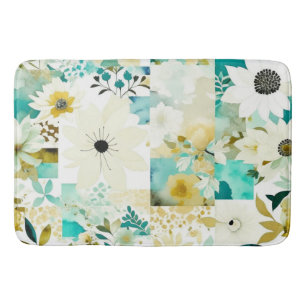 Söt FolkArt White och Turcoise Flowers Badrumsmatta