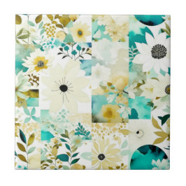 Söt FolkArt White och Turcoise Flowers Kakelplatta