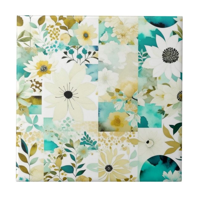 Söt FolkArt White och Turcoise Flowers Kakelplatta (Framsidan)