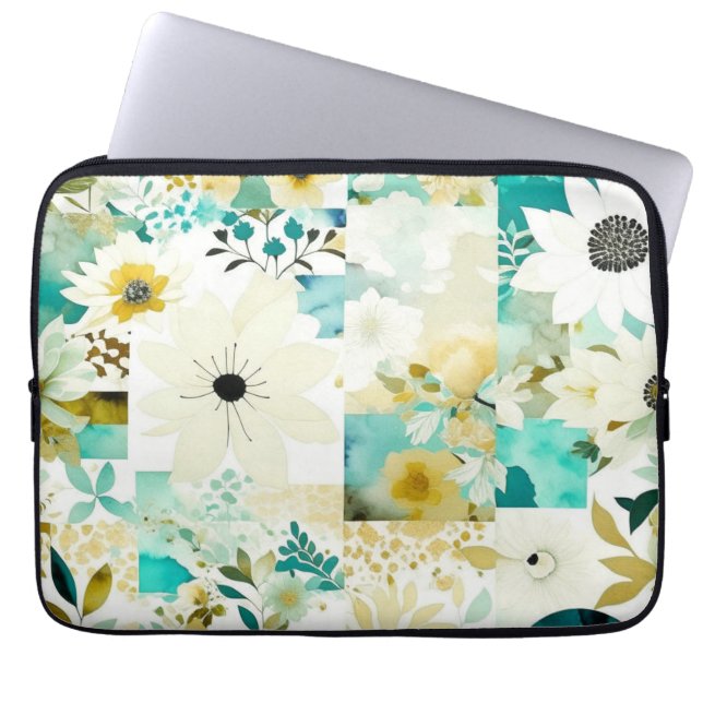 Söt FolkArt White och Turcoise Flowers Laptop Fodral (Framsidan)