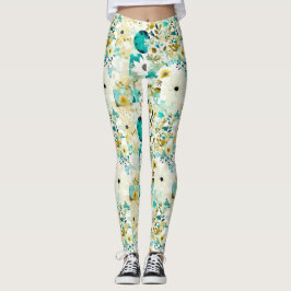 Söt FolkArt White och Turcoise Flowers Leggings