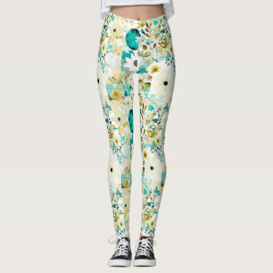 Söt FolkArt White och Turcoise Flowers Leggings