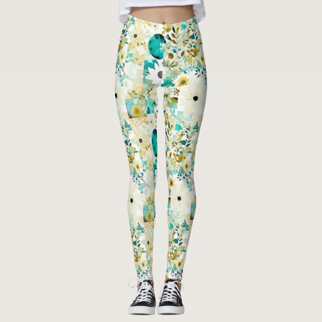 Söt FolkArt White och Turcoise Flowers Leggings (Framsida)