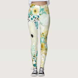 Söt FolkArt White och Turcoise Flowers Leggings
