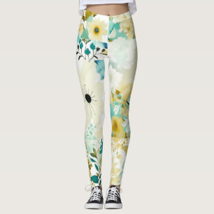 Söt FolkArt White och Turcoise Flowers Leggings