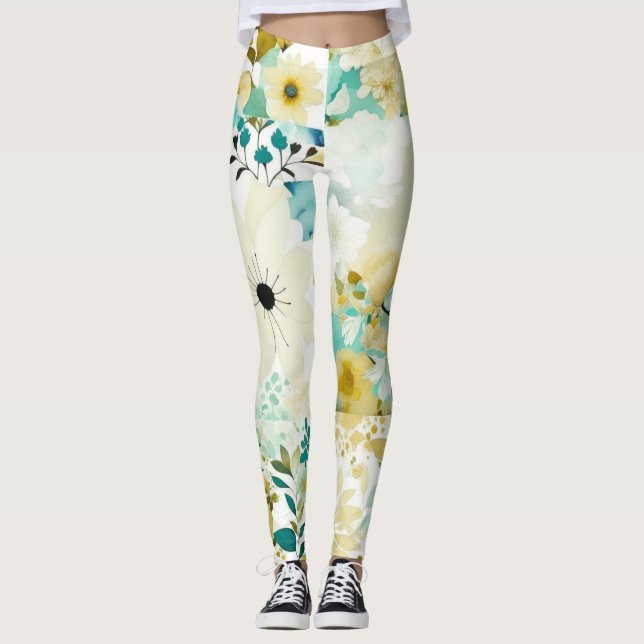 Söt FolkArt White och Turcoise Flowers Leggings (Framsida)